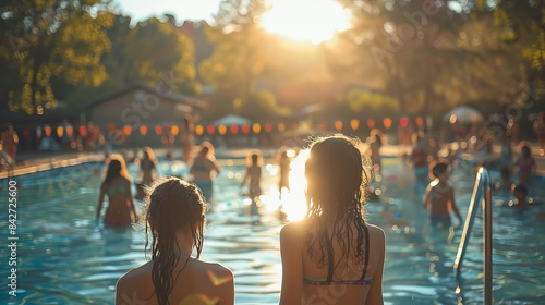 Two girls are sitting in a pool with many other people