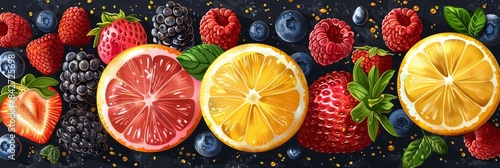Vibrant Citrus and Berry Arrangement on Dark Background
