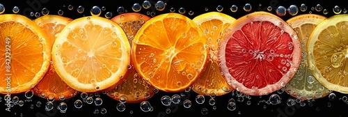 Fresh Citrus Fruit Slices Floating in Water With Air Bubbles on a Black Background