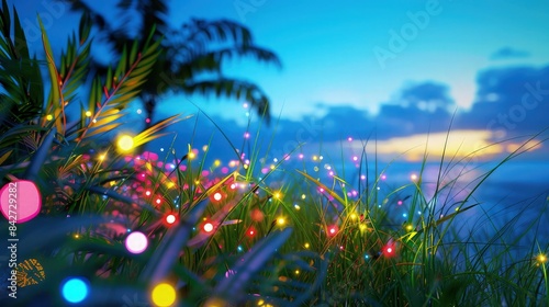 colorful lights in grass with palms next to blue sky.