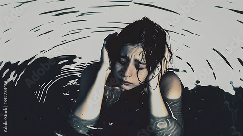 Depression teenager woman drowning in her regret, anxiety and stress. Mental health problem illustration