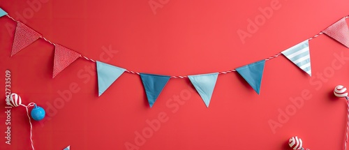 Colorful triangular flags and festive decorations on a vibrant red background, perfect for celebrations and parties.
