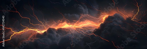 A dramatic lightning bolt striking in the dark sky, illuminating everything around it with its bright orange glow.