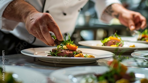 Photograph of a chef plating fine dining dishes on plates in a restaurant kitchen, shown in closeup. The focus is sharp and the lighting is professional, creating an atmosphere that evokes luxury and 