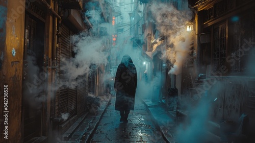 A lone person walks in a narrow alley filled with smoke, creating a moody and cinematic atmosphere