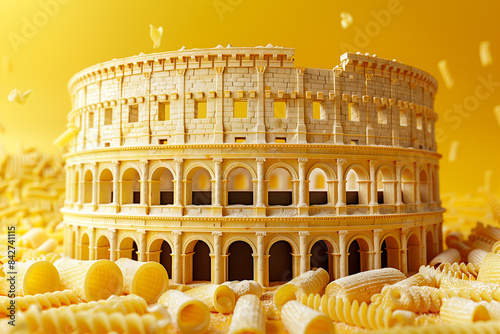 The Colosseum is made from pasta, spaghetti on yellow background, art creative, 3D rendering