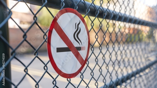 A No Smoking sign with a red circle and slash symbol is displayed prominently on the fence as smoking is prohibited on the site due to safety concerns.