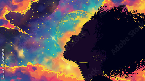 Pop art Fortune telling concept. Silhouette of an African American woman lying under stars and galaxies in her dream. Colorful background in pop art retro comic style.