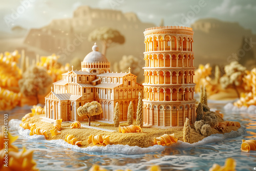 The Italian Tower of Pisa made from pasta, art creative, 3D rendering