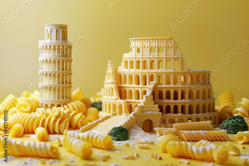 The Italian Tower of Pisa and the Colosseum are made from pasta on yellow background, art creative, 3D rendering