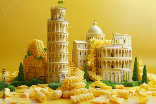 The Italian Tower of Pisa and the Colosseum are made from pasta on yellow background, art creative, 3D rendering