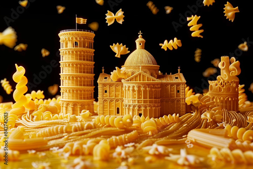 The Italian Tower of Pisa and the Colosseum are made from pasta on yellow background, art creative, 3D rendering