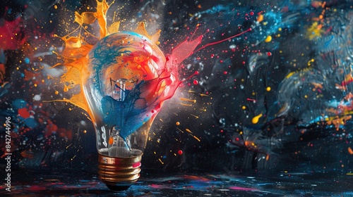 Creative light bulb explodes with colorful paint and splashes on a black background. Think differently creative idea concept, virtual screen blend 