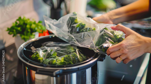 Woman putting vacuum packed broccoli into pot and usin