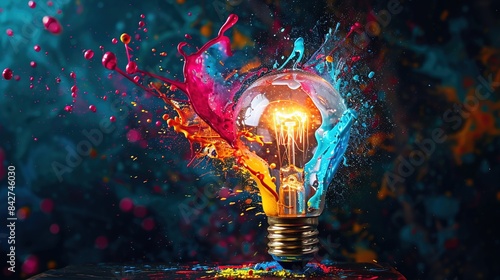Creative light bulb explodes with colorful paint and splashes on a black background. Think differently creative idea concept, virtual screen blend 