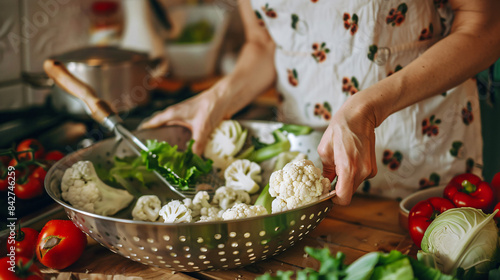 Woman separating fresh cauliflower cabbage above colan