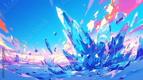 Crystal-like structures melting into liquid. Amazing anime background.