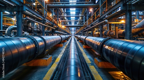 Industry pipeline transport petrochemical, gas and oil processing, furnace factory line, rack of heat chemical manufacturing, equipment steel pipes plant