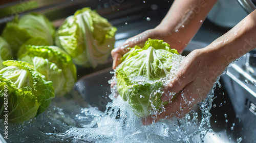 Woman washing fresh chinese cabbage under tap water 