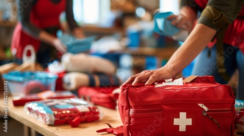 A red first aid kit is prepared for World First Aid Day, symbolizing readiness to help others