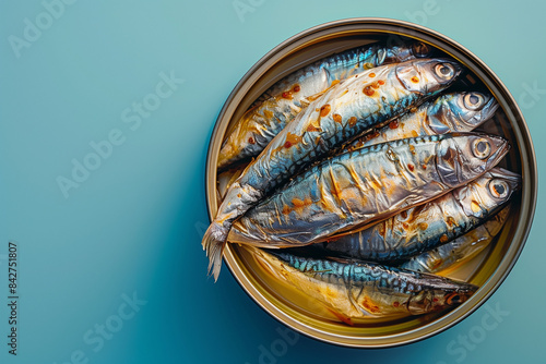 Canned sardines in a round tin on a teal background. Minimalistic and vibrant food concept.