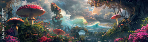 Fantasy World With Giant Mushrooms, Colorful Flora, Ocean Waves. Mystical Landscape, Digital Art