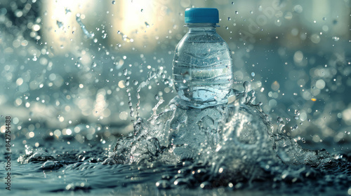 Bottle shoots out water, crisp splash. AI generative.