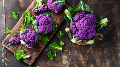 Wooden board with purple cauliflower cabbage on table