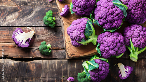 Wooden board with purple cauliflower cabbage on table
