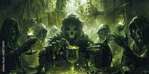 Chalice of Damnation: Demonic Cultists Drinking from a Vessel of Unholy Power - Cultists partaking from a chalice filled with a dark, viscous liquid, symbolizing their communion with malevolent forces