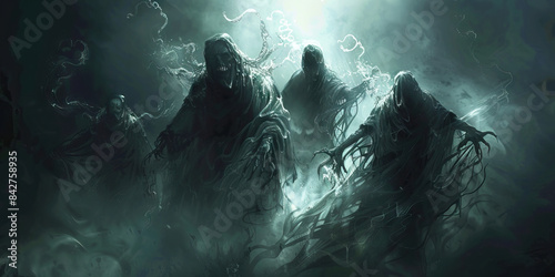 Shadows of Despair: Demonic Cultists Surrounded by a Shroud of Darkness - Cultists enveloped in a swirling, malevolent darkness, their forms barely visible as they perform their dark rites