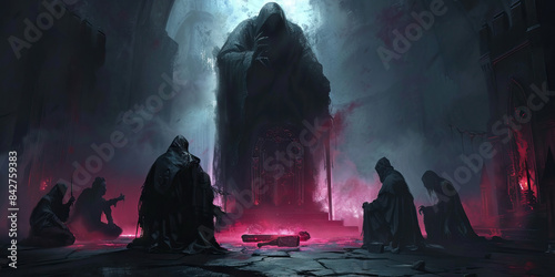 Cursed Covenant: Demonic Cultists Pledging Allegiance to the Dark One - Cultists kneeling before a towering, shadowy figure, offering their loyalty in exchange for dark powers and forbidden knowledge