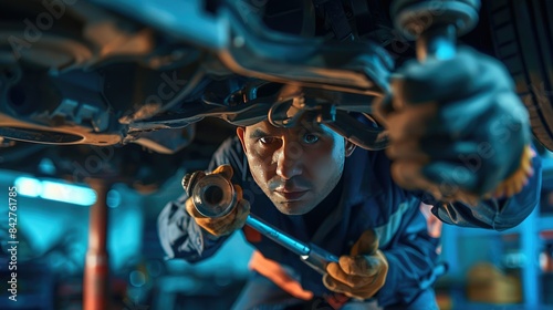 Auto mechanic repairman using a socket wrench working auto suspension repair in the garage, change spare part, check the mileage of the car, checking and maintenance service concept AI generated