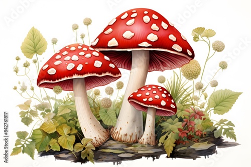 Watercolor amanita mushrooms on white background. Forest mushrooms and greenery illustration