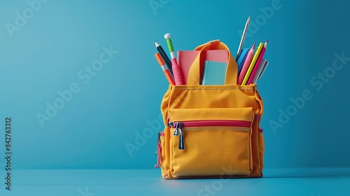 School bag with school supplies on isolated blue background 