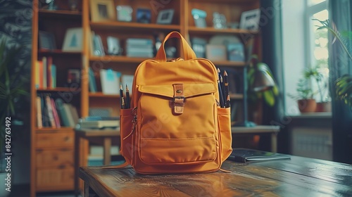 backpack on the table, with school supplies sticking out of it. school, study or teachers day concept