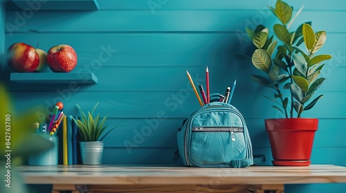 backpack on the table, with school supplies sticking out of it, isolated blue background