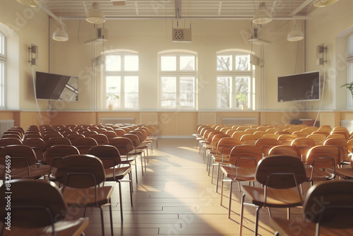 Wooden seats in the lecture hall