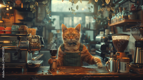 anthropomorphic orange calico cat working as a barista, charming coffee shop scene
