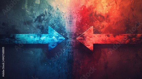 Abstract image of blue and red arrows pointing towards each other against a grunge background, symbolizing conflict or direction.