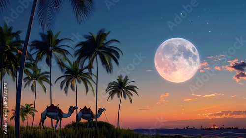 Serene Landscape with Camels,Palm Trees and Rising Moon Capturing Eid Ul Adha Spirit