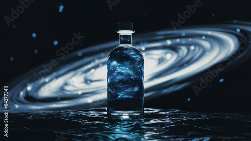 A bottle of alcohol with a swirling galaxy in the background, AI