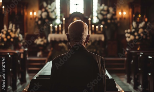 An elderly man mourns during a funeral ceremony in a church, view from the back
