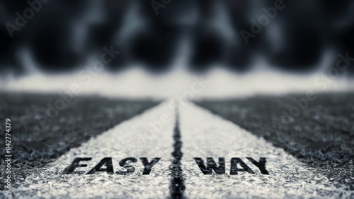 A black and white photo of a road with the word easy way painted on it, AI