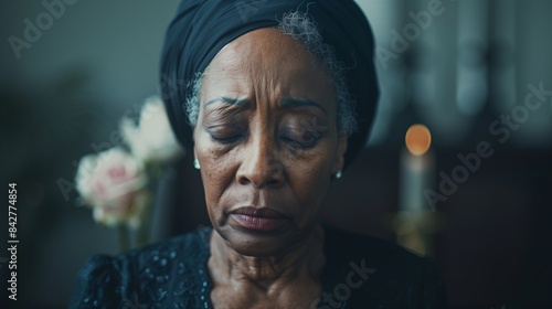 Portrait of an senior African woman wearing black clothing. Elderly widow woman. Funeral concept.