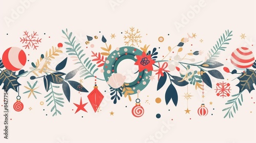 Festive Christmas border with holly, ornaments, and snowflakes.