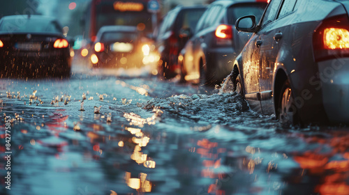 Vehicles stuck in traffic jams on flooded roads, raindrops frozen mid-air in high-speed shot. AI generative.