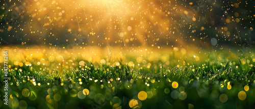 Sunlight filters through rain, creating a brilliant bokeh effect over a vibrant green field