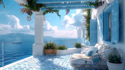 Balcony with a Greek island theme, featuring blue and white decor and a view of the sea