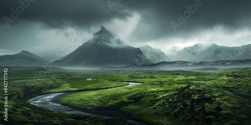 Landscape photography of Icelandic green grassland with dark gray mountains and misty clouds for nature enthusiasts